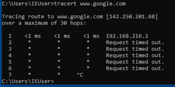 Traceroute (antes del MITM) desde la máquina Windows