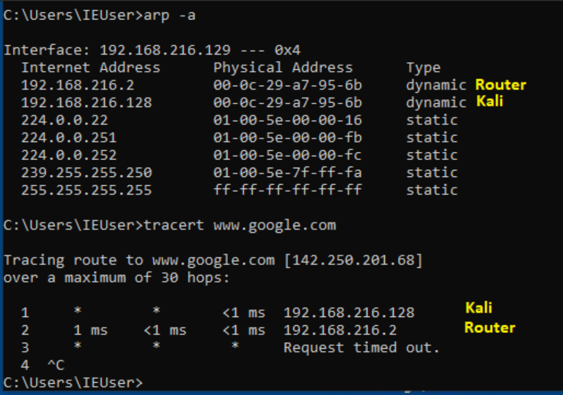 Tabla ARP + Traceroute (después del MITM) desde la máquina Windows